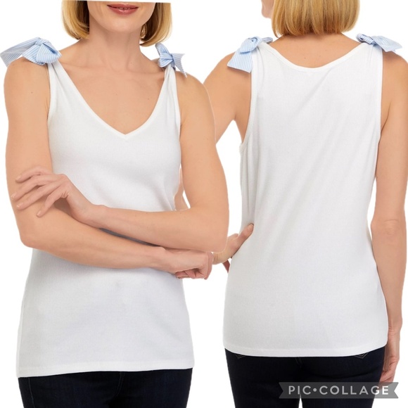 Crown & ivy White Ribbed Tank Top with Blue Bow-Tie Straps at Shoulders Size L - Picture 1 of 11